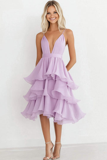 Lilac Spaghetti Straps Chiffon A Line Tiered Formal Dress
